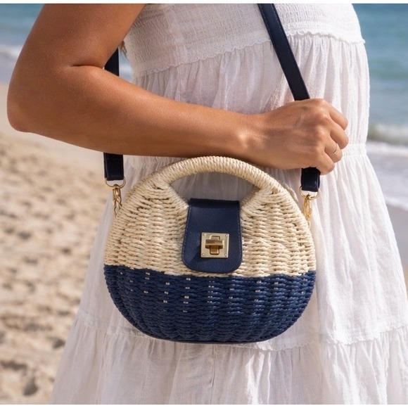 Shiraleah Handbags - Shiraleah Chicago Straw Clamshell Mini Purse Blue Natural Beige Coastal Beach